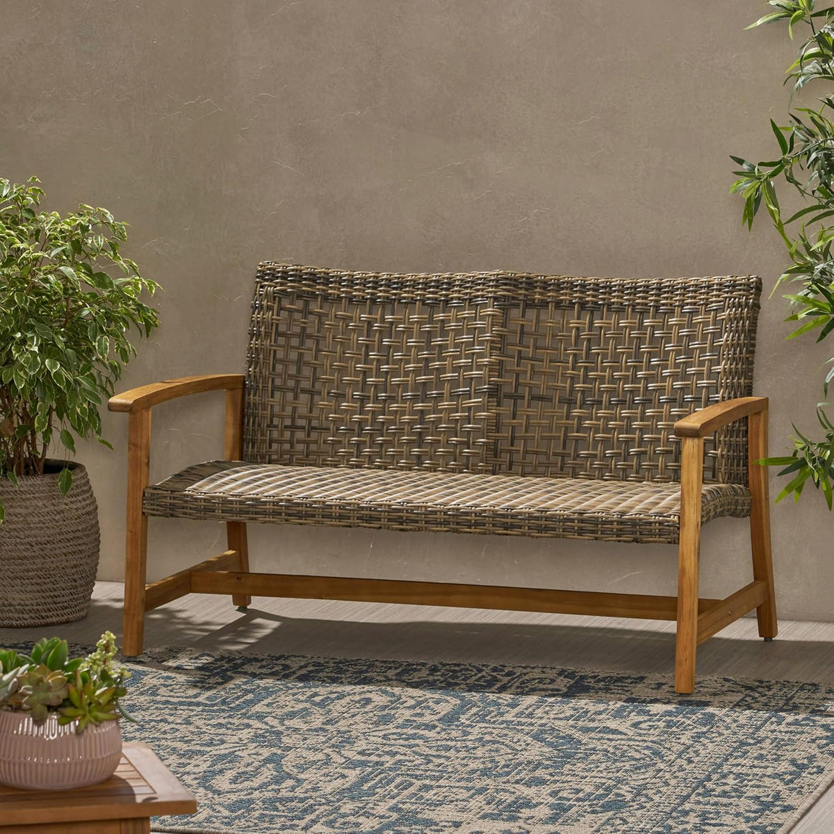 Acacia Wicker Patio Loveseat Bench